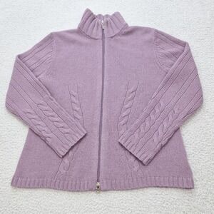 Eddie Bauer Sweater‎ Womens Large Lavender Purple Lambswool Cable Knit Full Zip